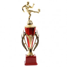 TROPHY PL CUP 37CM GOLD/RED  W/MAN KICKN