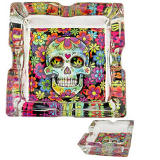 ASHTRAY GLASS 8CM SQUARE SKULL DESIGN