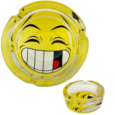 ASHTRAY GLASS 8.5CM ROUND W/SMILEY FACES