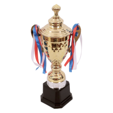 TROPHY METAL CUP 38CM GOLD W/SILVER RIBZ