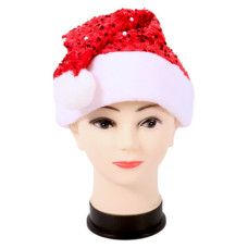 XM SANTA HAT W/SEQUIN FUR & POMPOM