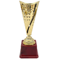 TROPHY PL CUP 17CM GLD W/DESIGN WOOD BSE