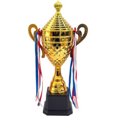 TROPHY METAL CUP 44CM GLD W/M/COL RIBBON