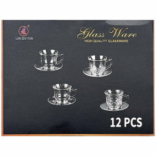 GLASS CUP&SAUCER SET 12PC CLEAR W/DESIGN