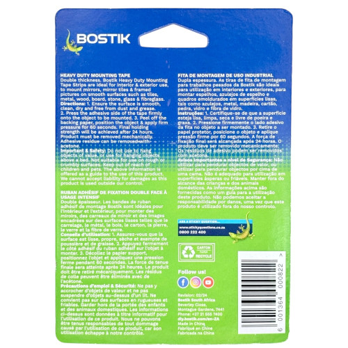 MOUNTING TAPE 6s HEAVY DUTY WHITE BOSTIK MOUNTING TAPE 6s HEAVY DUTY WHITE BOSTIK