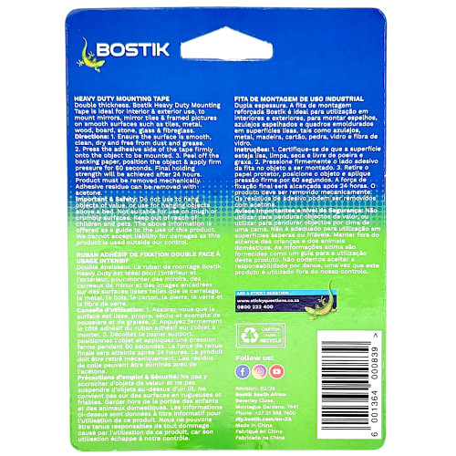 MOUNTING TAPE 1MT HEAVY DUTY WHT BOSTIK MOUNTING TAPE 1MT HEAVY DUTY WHT BOSTIK